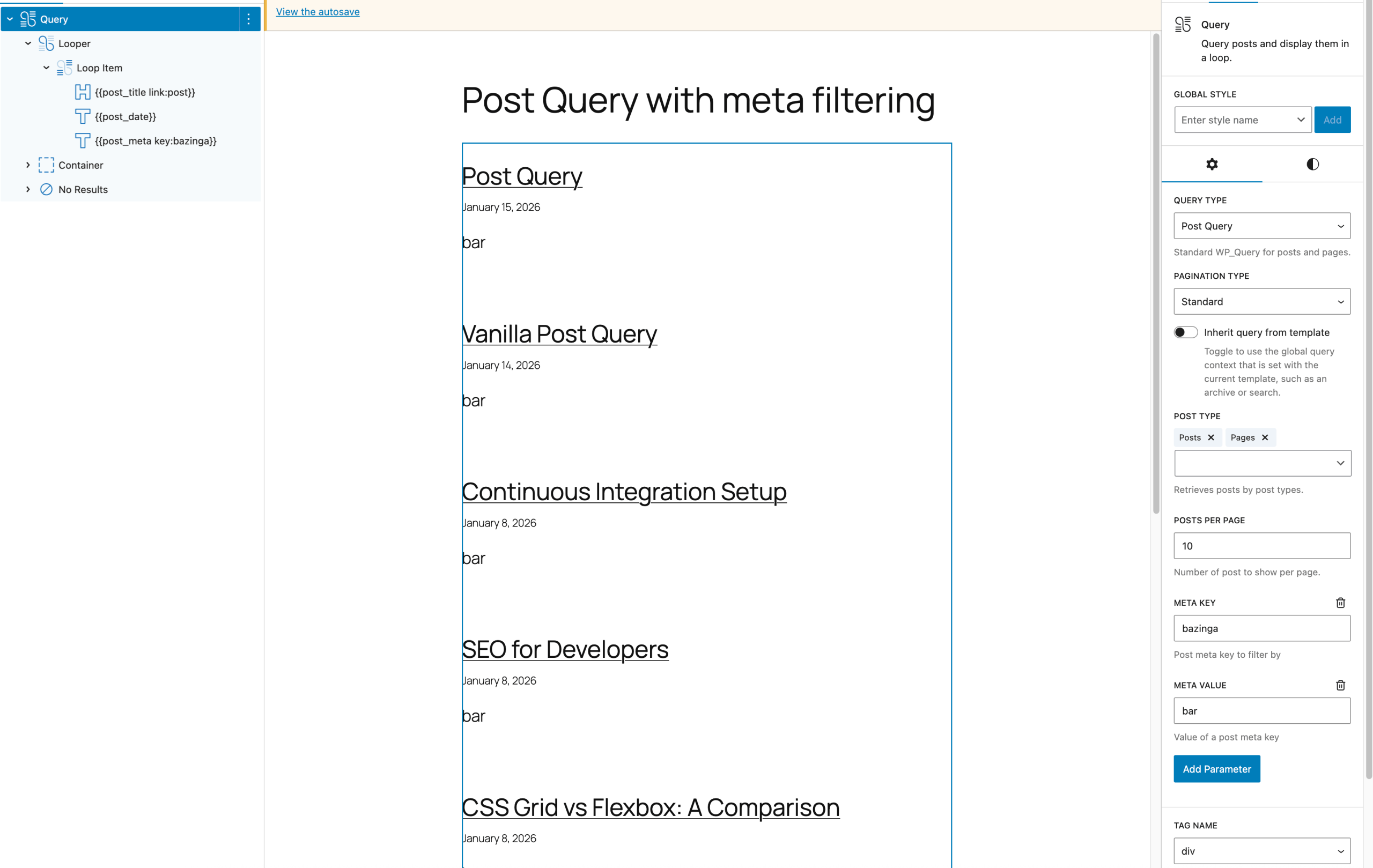 post-meta-filtering.min Screenshot of the block editor showing the Post Query with meta filtering by key and value