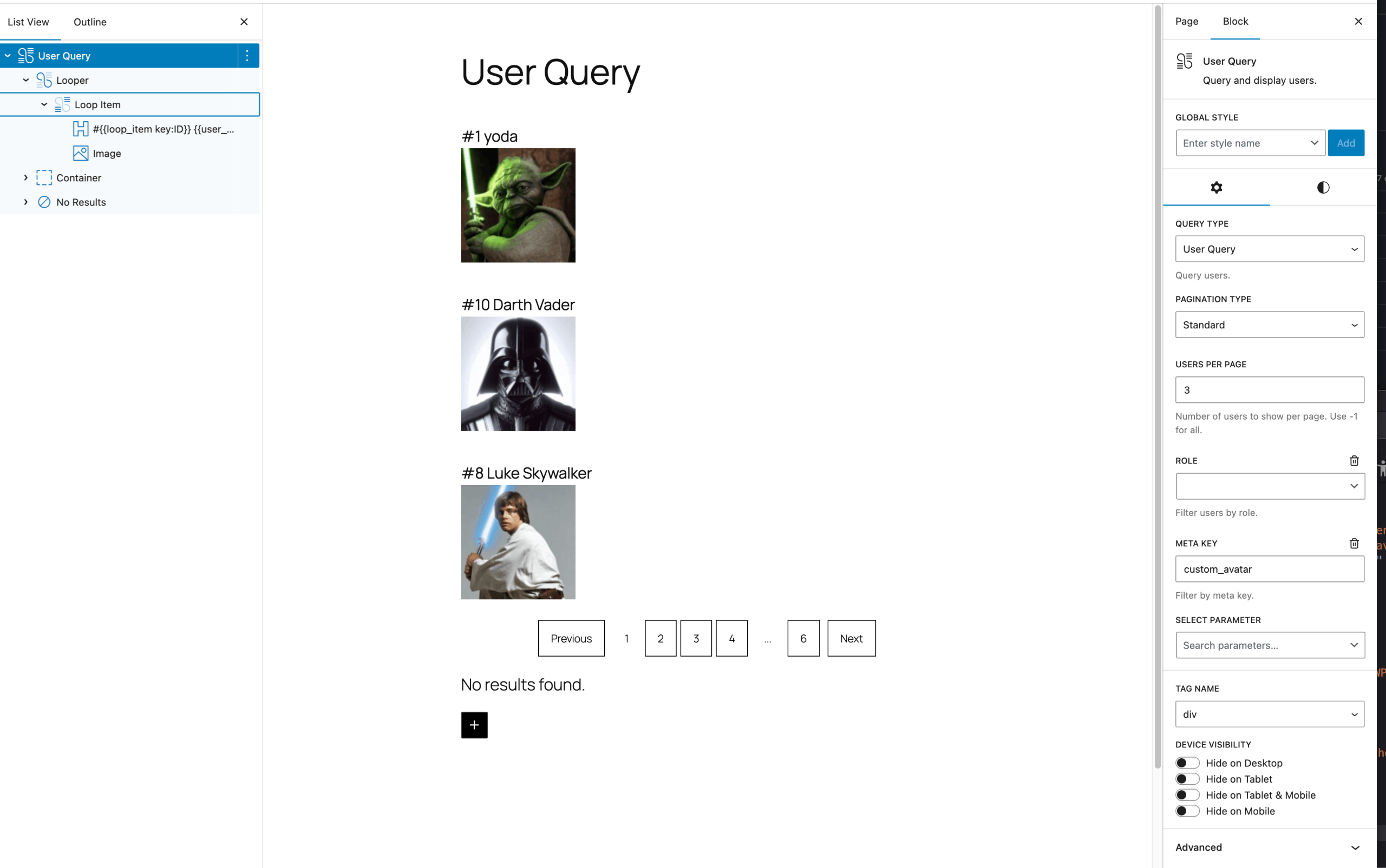 user-query.min screenshot of the block editor showing the User Query in use with user IDs, names, and images