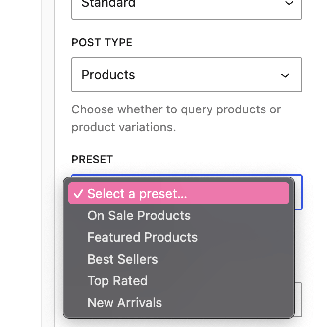 Screenshot of the Preset dropdown for WooCommerce Product Queries