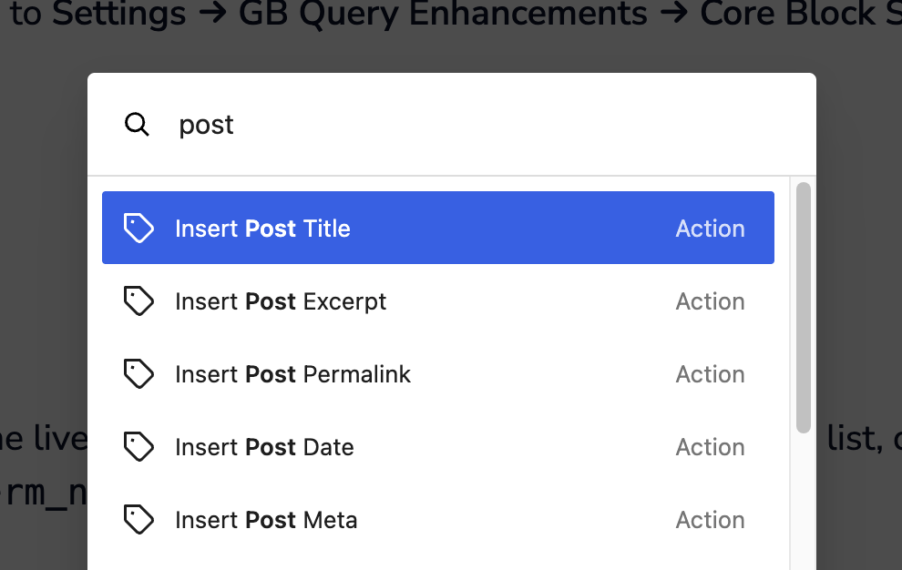 Screenshot of the block editor with the command palette open and the word "post" typed into the input. A list of available dynamic tag actions displays in the combobox area below