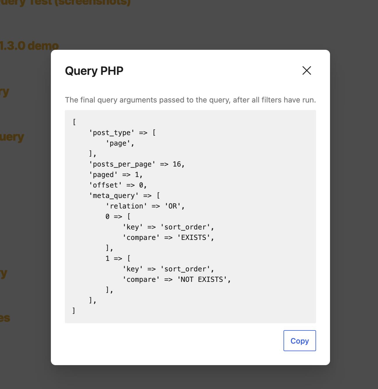 Screenshot of the new Query PHP modal