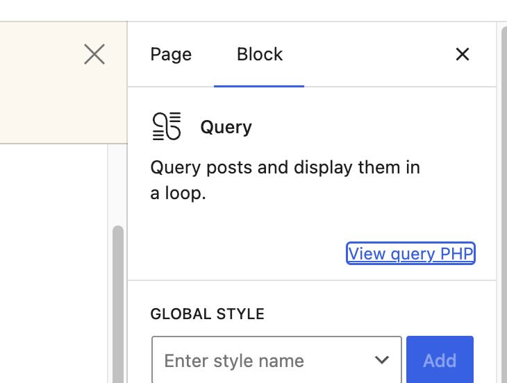 Screenshot of the View query PHP link added in the Query block inspector controls